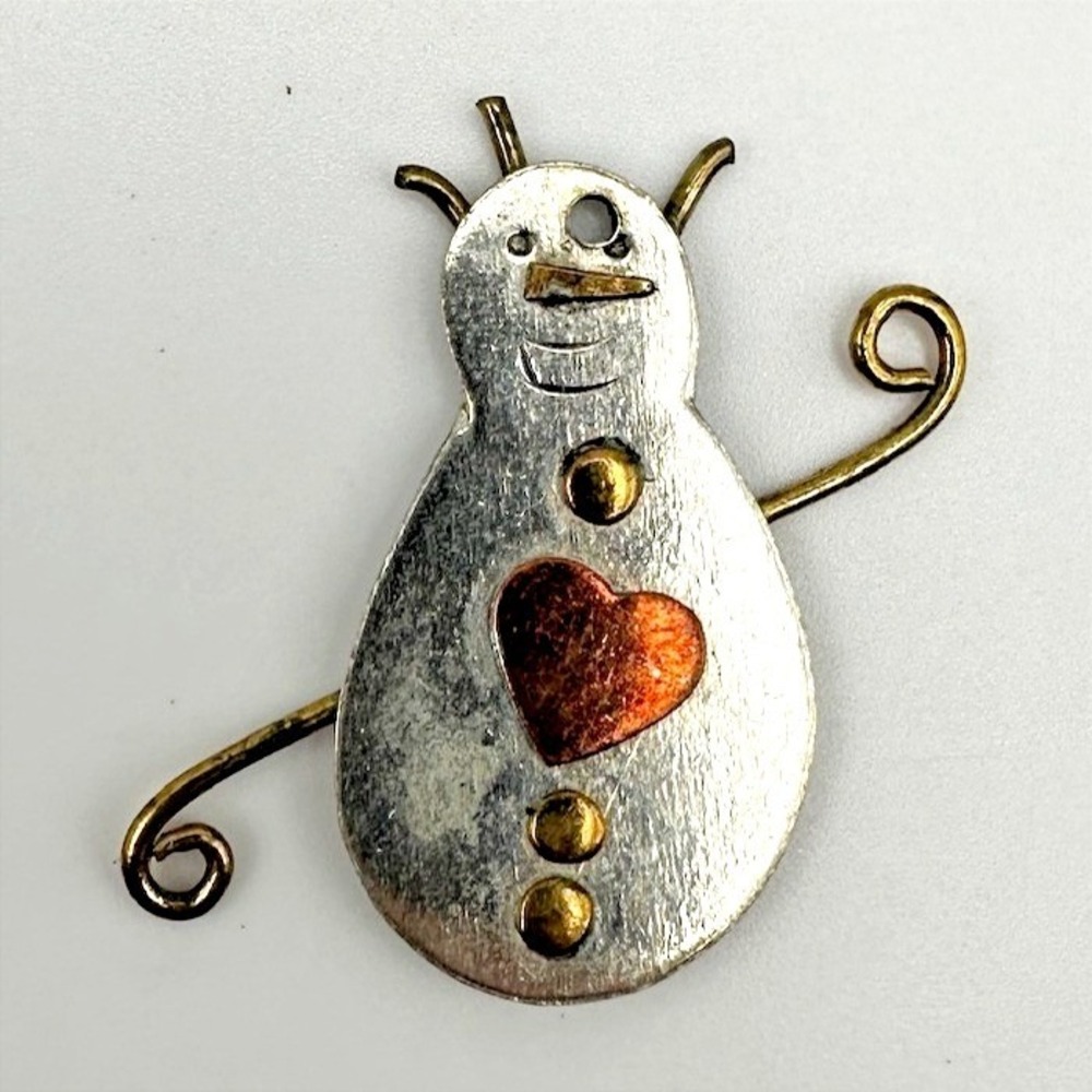 Vintage 90s Mixed Metal Snowman Pin Brooch Copper Heart & Gold Accents Jewelry